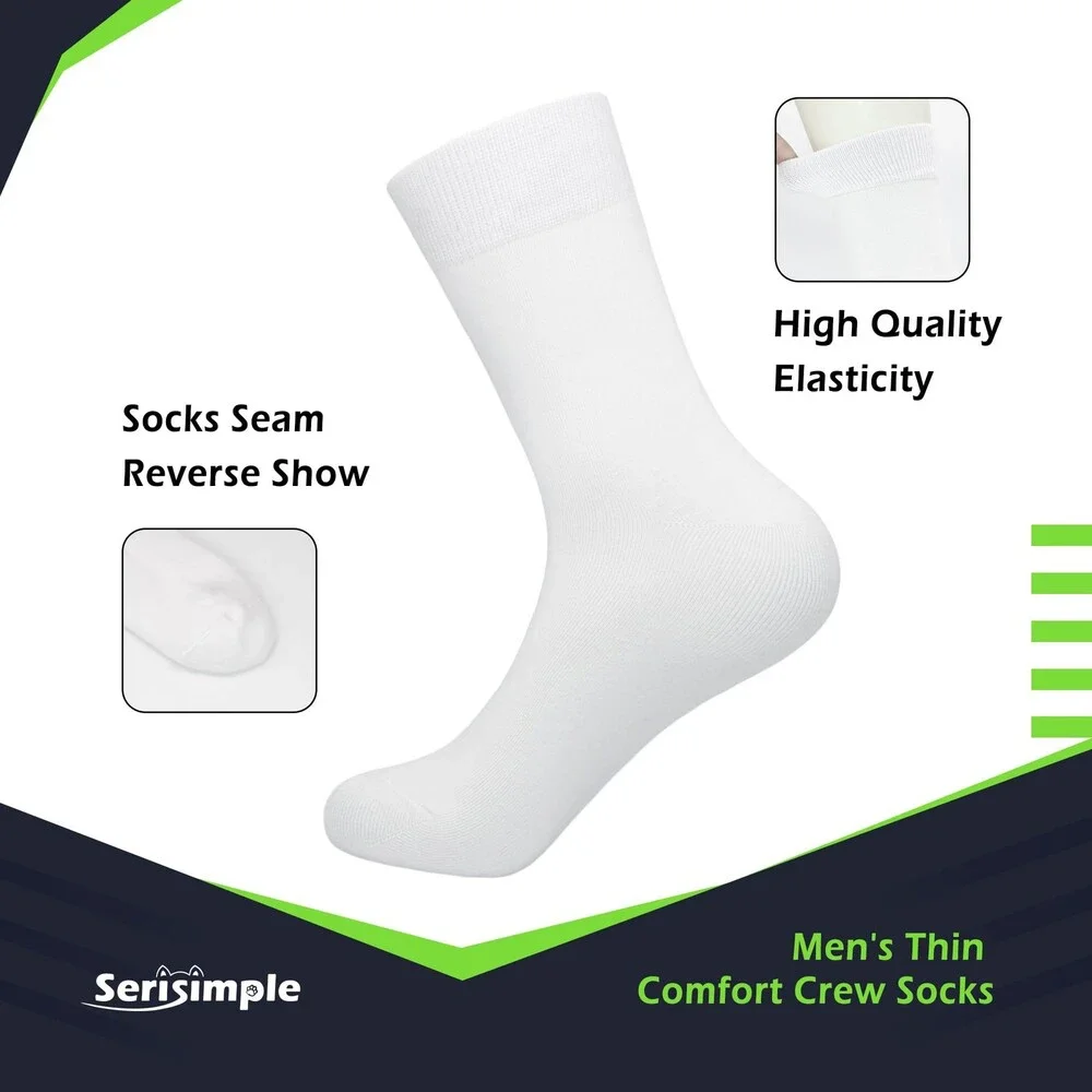 SERISIMPLE Men's White Viscose Bamboo Dress Sock Thin Soft Crew Anti Odor 5PK-L